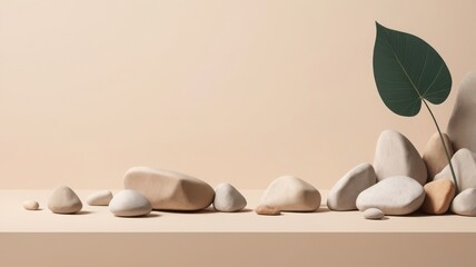 Serene Minimalist Still Life: Neutral-toned Stones and Single Leaf on Beige Background, Peaceful and Tranquil Mood, Product Placement Ready, Spa or Wellness Theme, Modern and Elegant Aesthetic.