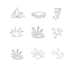 Minimalist outline collection of water drop and splash vector icons. Water drops doodle icon sign. Decorative set Droplet splash symbol. Hand drawn ink sketch. Liquid element. cry droplet icons.sauce 