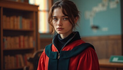 Young woman in graduation robe standing indoors in library setting  