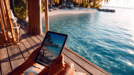 Person Relaxing with a Tablet on a Wood Deck Overlooking a Tropical Ocean