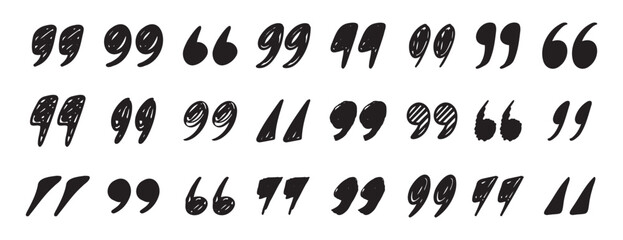 quotation mark doodle testured hand drawn icon set. quotation mark drawing line clipart symbol collection