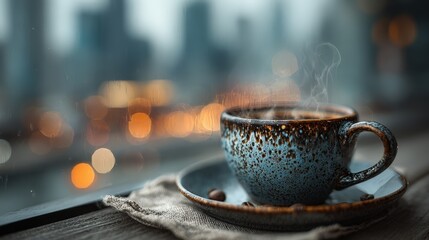 Steaming Cup of Coffee with City View, Cozy Morning