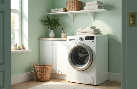 Modern laundry room interior with washing machine. Clean white appliance, home decor. Fresh towels, wooden shelf, cabinet, plant vase. Sunny room, domestic life.
