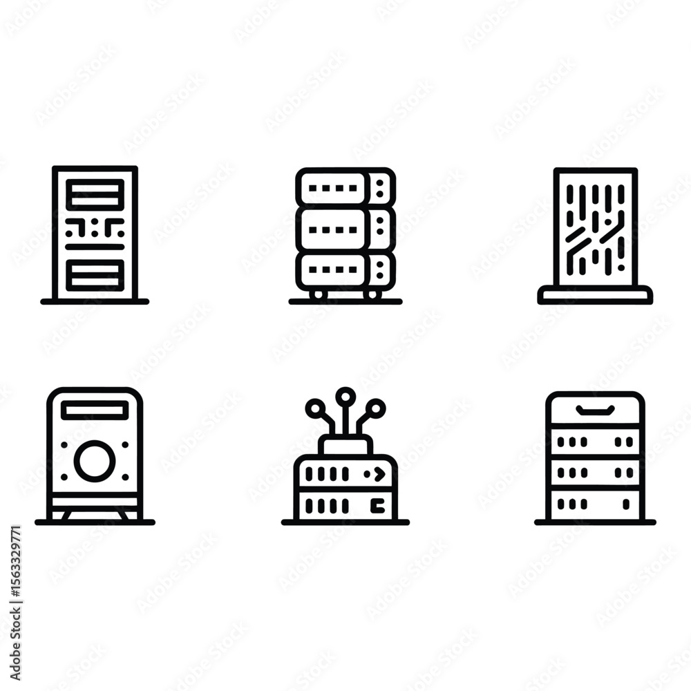 Poster modern server rack icons data center network and cloud computing line art graphics