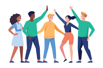 Diverse young adults celebrating success, high five, teamwork, flat design, joyful mood.
