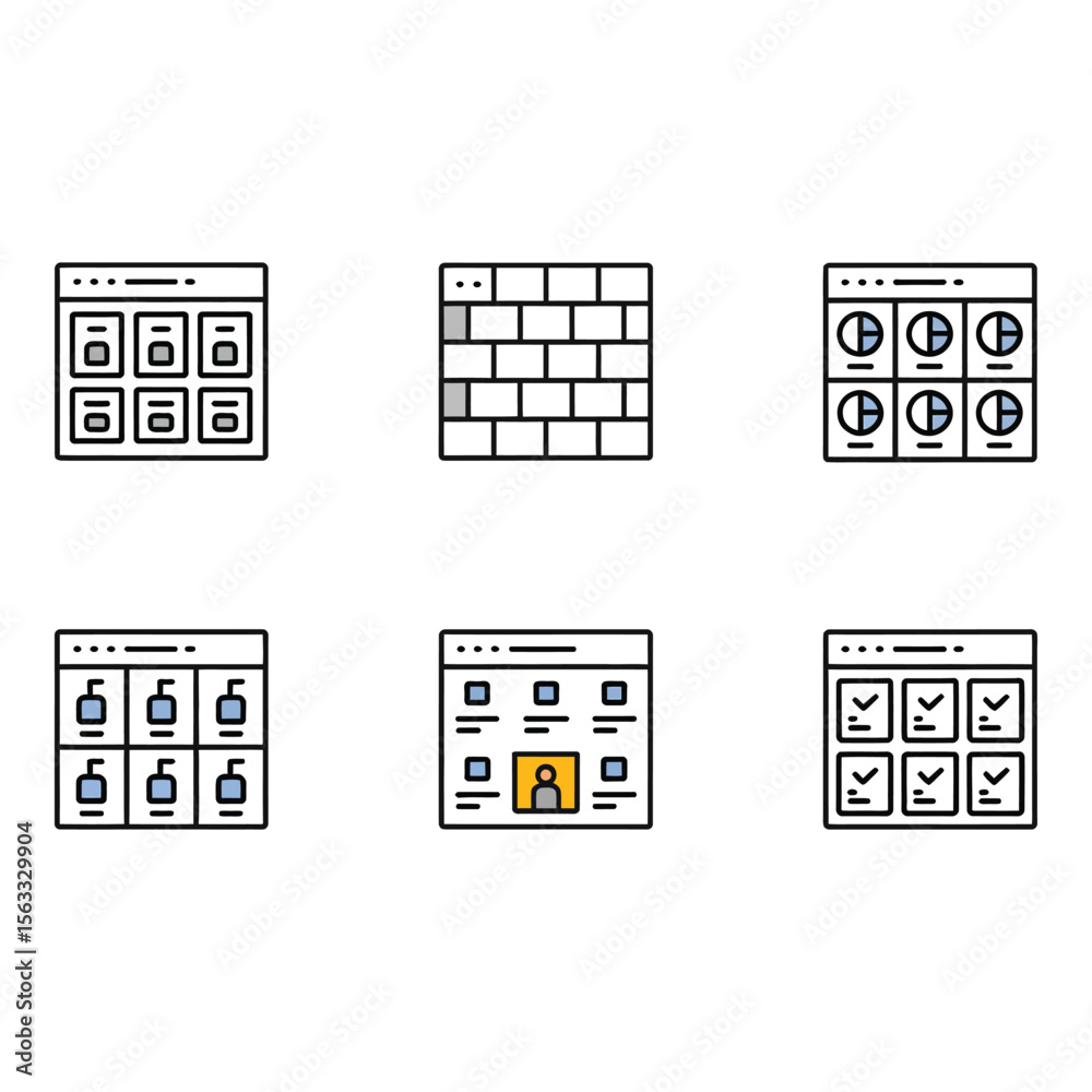 Poster modern ui webpage grid icons data charts profile checklist minimalist style