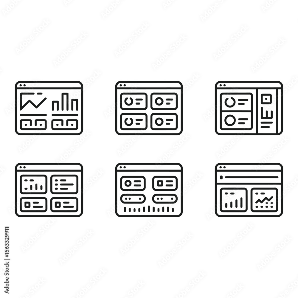 Poster modern ui dashboard icons six clean line art web interface elements for data analytics and business 