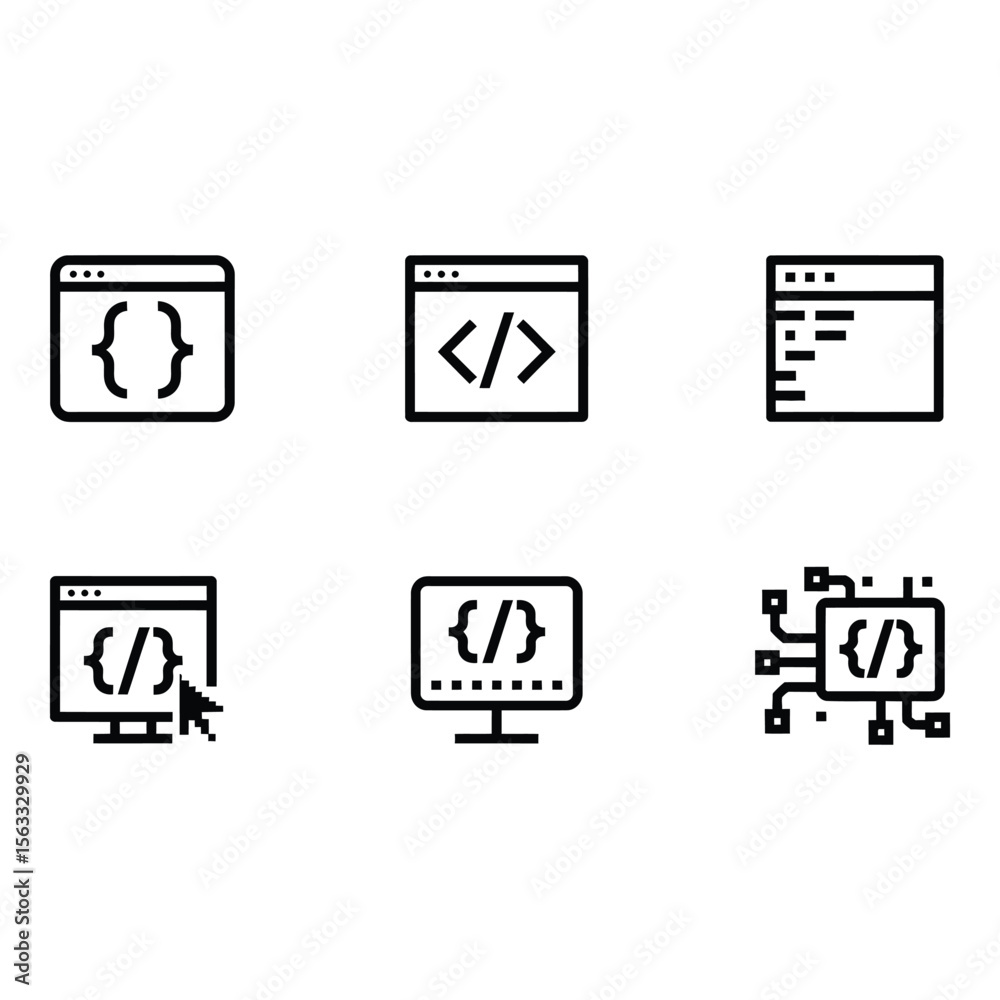 Aufkleber modern web development icons clean line art style programming code symbols technology concept