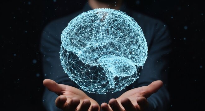man holding glowing digital brain, artificial intelligence and neural network concept