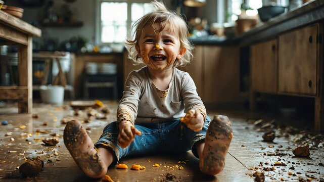 Messy Baby Kitchen Floor Food Crumbs Laughing Child Playtime Dirty Clothes Cute Chaos