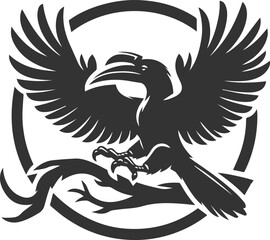 Black vector silhouette of a hornbill bird drawing illustration