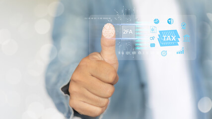 Hand showing fingerprint scan for 2FA with tax and finance icons, concept for secure online tax...