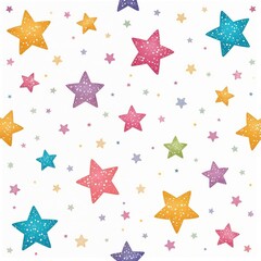 Obraz premium Seamless illustration of rainbow stars on white background. Colorful design, party decor. Glittering star shapes of various sizes, colors. Fun, celestial themed abstract pattern.