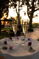 Romantic Sunset Toast with Champagne Glasses Outdoors