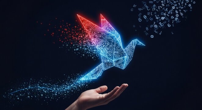 digital origami crane, circuit board bird with data particles, artificial intelligence, technology and innovation concept