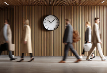 Office hallway with clock and people

