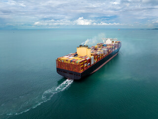 logistic cargo container ship sailing in sea to import export goods and distributing products to...