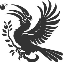 Black vector silhouette of a hornbill bird drawing illustration
