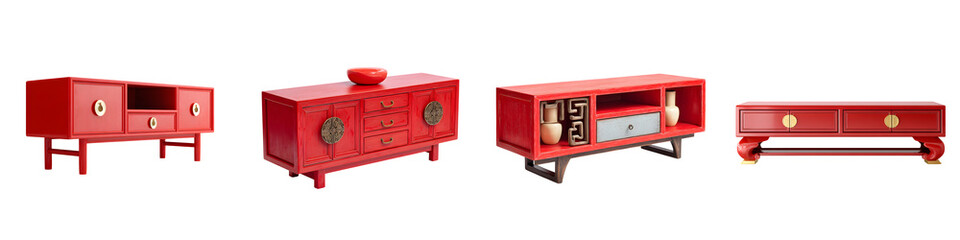 Red Asian Style TV Cabinets Set on White Background