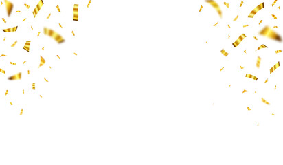 Gold confetti isolated on white background, celebration party background design. Falling shiny golden confetti isolated. Celebration Concept with Empty Space for Text. Holiday, birthday