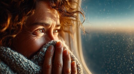 Woman Gazing from Airplane Window with Sunlight and Scarf
