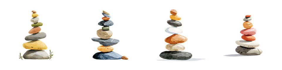 Watercolor Balancing Stone Stacks - Rock Cairns on White