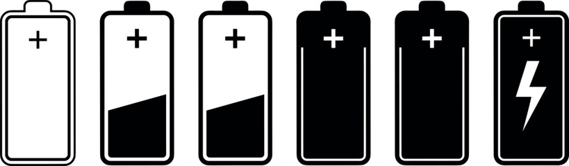 Obraz premium Battery level icon set. Charge status sign collection with empty, low, medium, full and charging symbol. Battery level indicator for app and UI. Transparent PNG and vector illustration