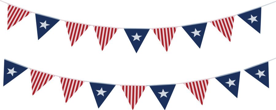 American flag for decoration. USA triangular flags bunting garland for party or other patriotic event. transparent png and vector illustration.