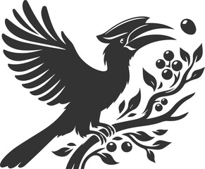Black vector silhouette of a hornbill bird drawing illustration