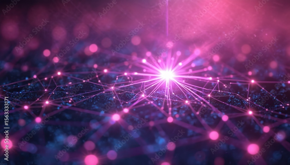 Leinwandbilder futuristic cyber tech background with network connections, glowing particles. lilac colors. digital 