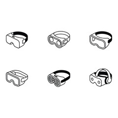 Six Isometric VR Headset Icons Modern Minimalist Line Art Illustrations for Technology Metaverse and Virtual Reality Concepts