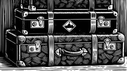 stack of vintage suitcases with travel stickers, ideal for adventure blogs, wanderlust branding or travel agency materials a black and white line art illustration