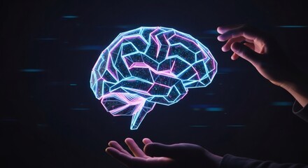 futuristic digital brain hologram with human hands, artificial intelligence concept