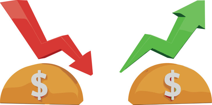 price or rate increase and decrease icon, 3d set of cost symbol dollar, money, coin sign with arrow up and down. transparent vector illustration