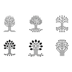 Six minimalist circuit board tree icons technology nature growth network vector black white