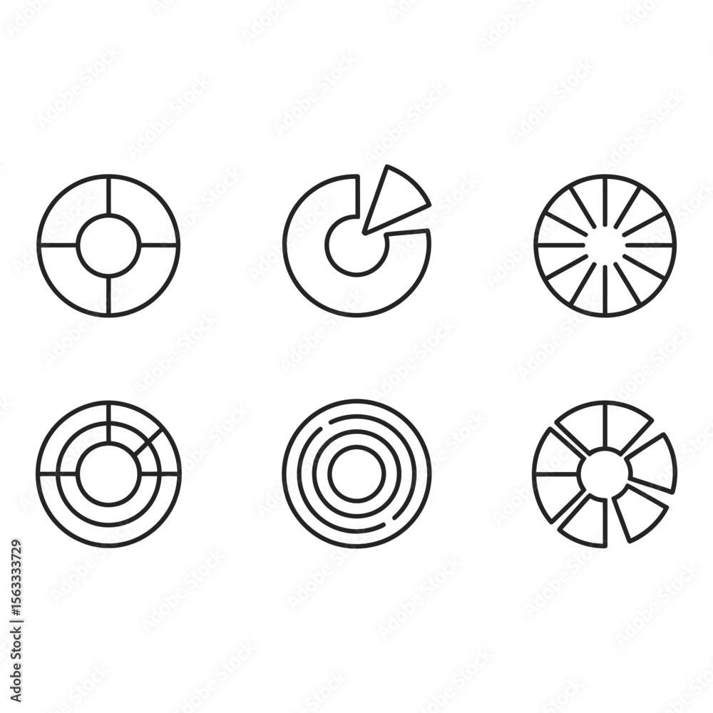Poster six minimalist circular line icons data progress and process diagrams