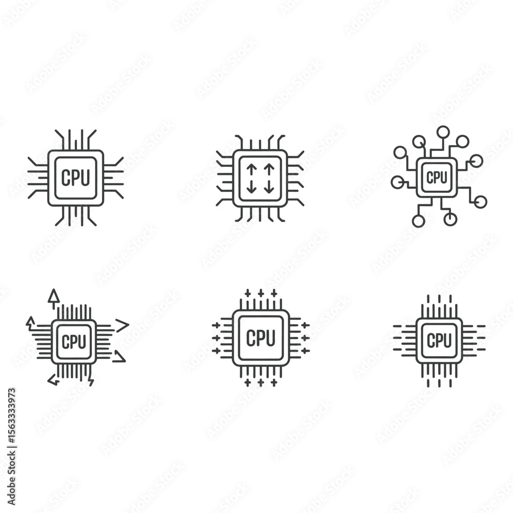 Poster six minimalist line art cpu processor icons technology computing data processing digital network con