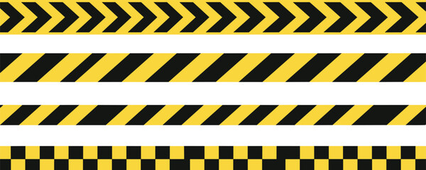 yellow and black caution warning tape set for industrial safety, road, construction, hazard area. vector illustration with transparent background.