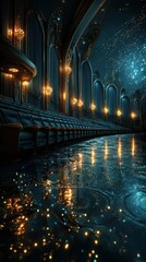 Obraz premium Elegant theater interior with ornate lighting and reflective surfaces creating a magical atmosphere during an evening performance