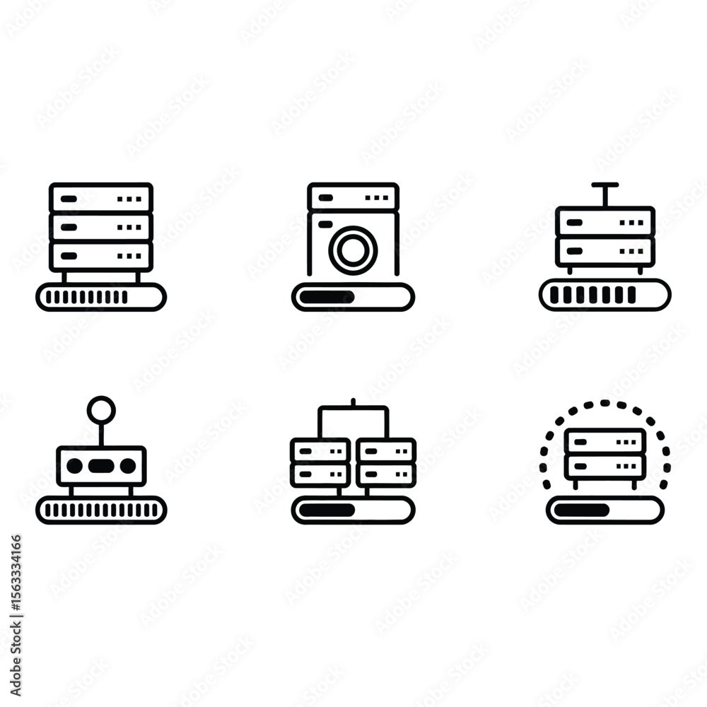 Fototapete Six Minimalist Server Icons Data Center Network Loading Progress Bars Technology Cloud Computing Simple Line Art Style