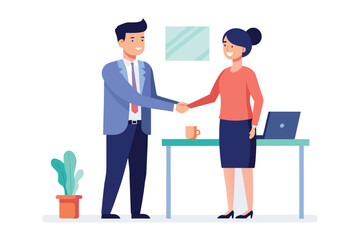 Smiling business colleagues shaking hands, modern flat design, positive professional atmosphere.