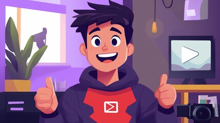 Enthusiastic young vlogger giving a thumbs up in his studio setting