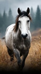 Obraz premium Majestic gray horse walking through golden grassland in a serene forest backdrop during a cloudy day