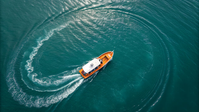 Aerial View: Orange Motorboat on Teal Ocean, Serene Summer Travel Scene