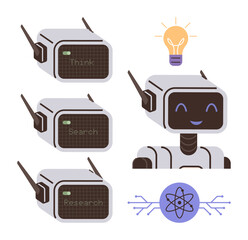 Cute robot performing thinking, searching, and researching tasks. Light bulb for ideas, atom icon for science, circuit lines for technology. Ideal for AI, education, research innovation