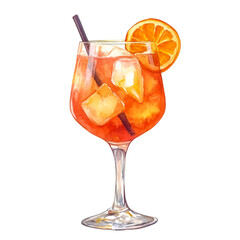 Watercolor drawing of a refreshing Aperol spritz cocktail with ice cubes and orange slice against a transparent background