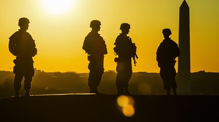 Guarding Freedom: Soldiers Silhouetted Against the Washington Monument Sunset