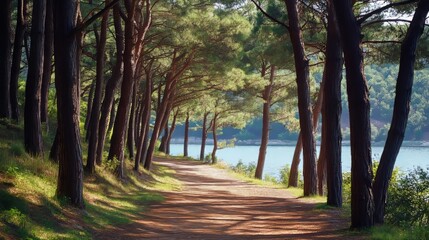 Obraz premium Beautiful landscape of a pine forest and lake view with a serene atmosphere