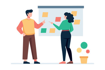 Modern flat design illustration: two colleagues collaborating on a project using sticky notes on a whiteboard, brainstorming ideas, teamwork concept.