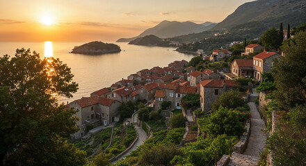 Coastal village on lush hillside at sunset, stone houses, terracotta roofs, calm bay.
